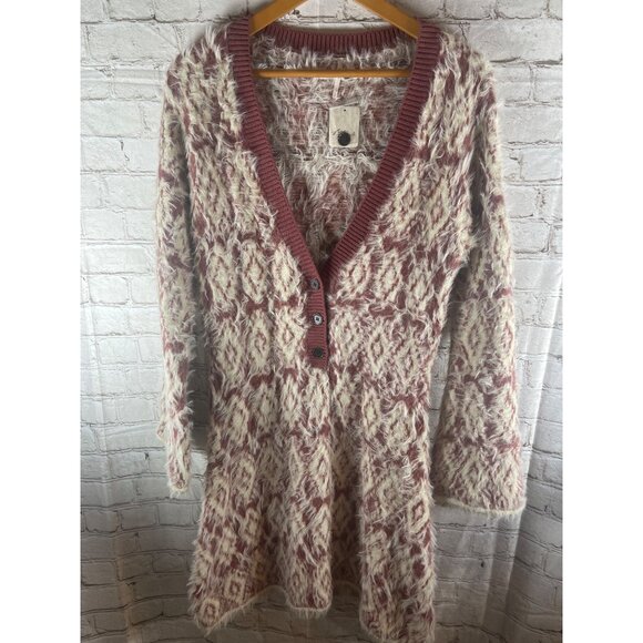 Free People Fuzzy Cardigan Sweater L Mulberry & Cream Buttons V-Neck Soft Boho - Picture 2 of 9